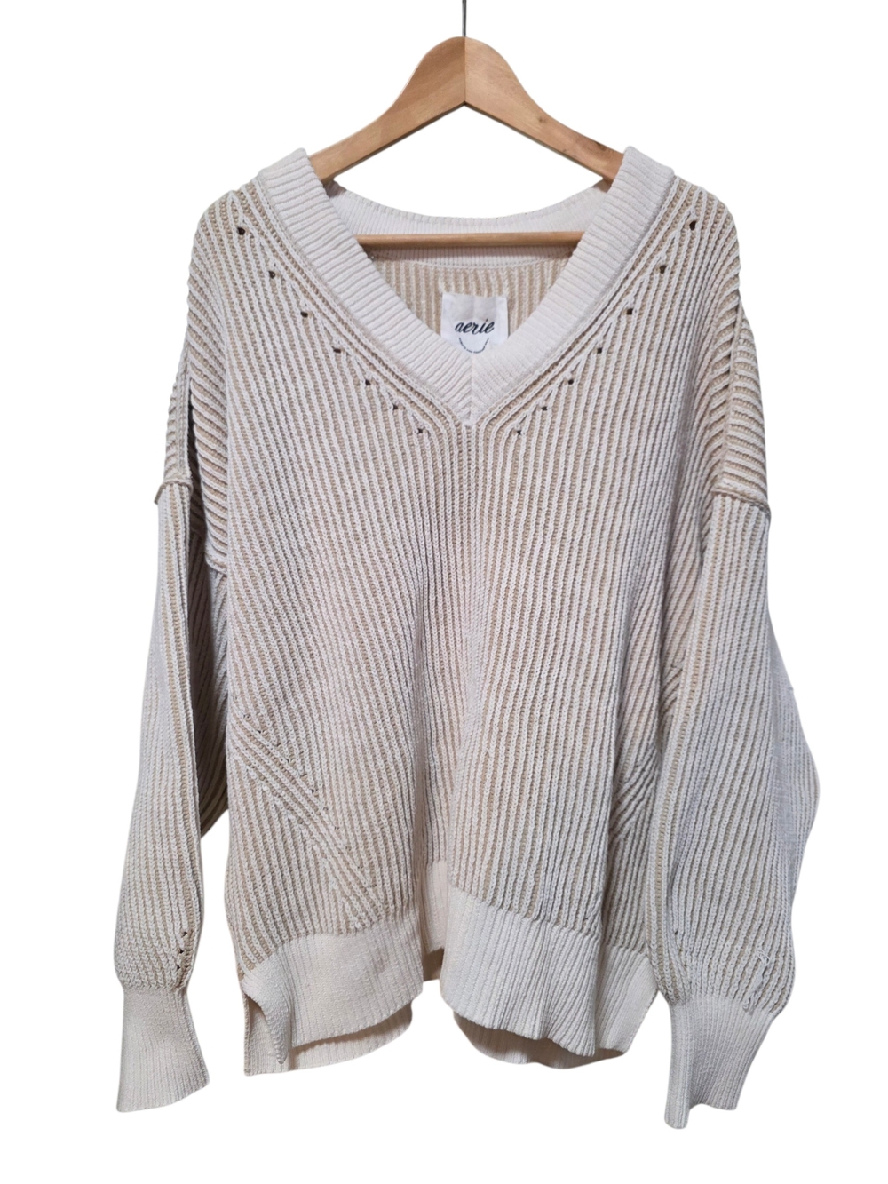 Aerie Cream Beyond Chenille V-Neck Ribbed Sweater